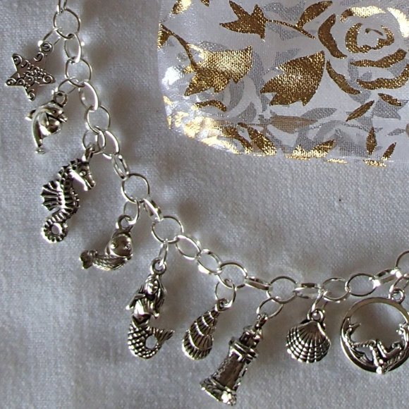 Ocean Fantasy Beach Theme Charm Bracelet Handcrafted + Organza Roses Gift Bag - Picture 3 of 7